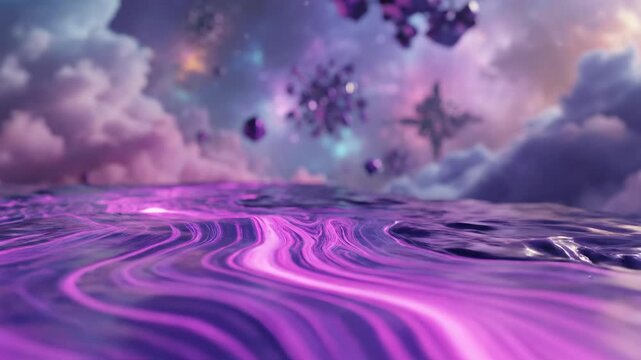 Seamless loop of glowing violet and magenta liquid flowing slowly in an abstract dreamscape environment modern, backdrop, environment