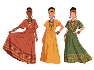 Flat vector set of stylish free-spirited fashionable women in boho outfits and confident poses, ideal for lifestyle designs and trend-forward branding