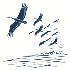 Flock of elegant dark blue cranes flying in formation over stylized blue ocean waves and mountains