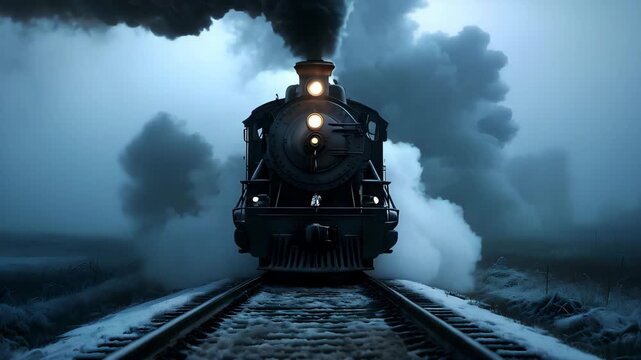 The Headlight of a Locomotive on the Tracks at Night