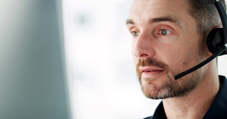 Headset, man and call center consultant in office with communication, crm or online consultation....