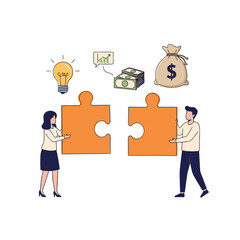 Business team collaboration connecting puzzle pieces for idea, money, and growth