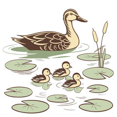 Mother duck swimming with her three adorable ducklings on a pond surrounded by lily pads and cattails
