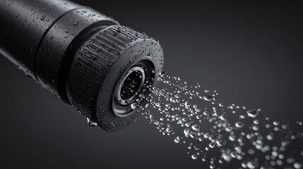 A close-up shot of a sprinkler head spraying water droplets, emphasizing the intricate details and the refreshing effect