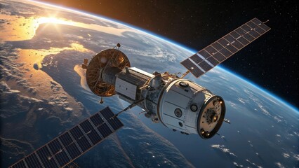 Satellite orbiting Earth at sunrise above clouds