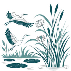 Two elegant cranes fly gracefully over a serene pond with lotus flowers and cattails