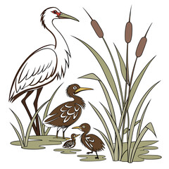 Obraz premium Stylized illustration of a family of wading birds including a large crane and chicks in a marsh with cattails