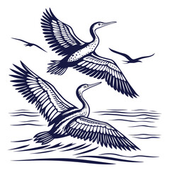 Two elegant cormorants in flight above water with smaller birds in the background
