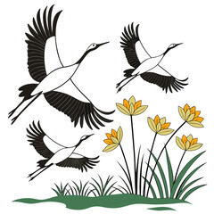 Obraz premium Three elegant cranes in flight above a field of lotus flowers and reeds