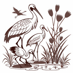 Obraz premium Elegant cranes standing gracefully in a marsh surrounded by tall reeds and water plants