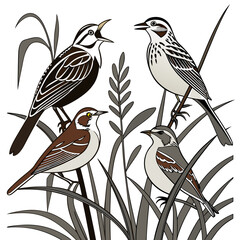 Four stylized songbirds perched on tall grass stalks in a natural outdoor setting