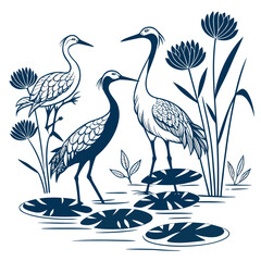 Obraz premium Elegant cranes standing among lotus flowers and lily pads in a serene water scene