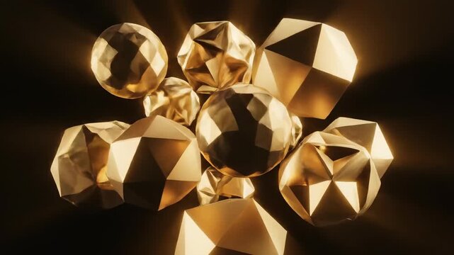 Seamless loop of interlocking golden geometric shapes rotating and pulsating in synchronized dimensional harmony against a deep black void grid, dimensional, formation