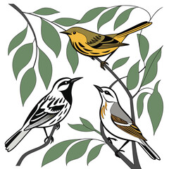 Three stylized songbirds perched on branches with green leaves against a white background