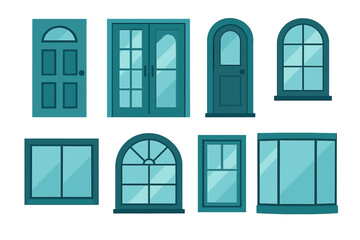 Collection of various door and window designs in teal color showcasing different shapes and styles