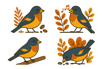 Colorful birds perched among autumn leaves engaging in various activities like singing and foraging in a natural setting