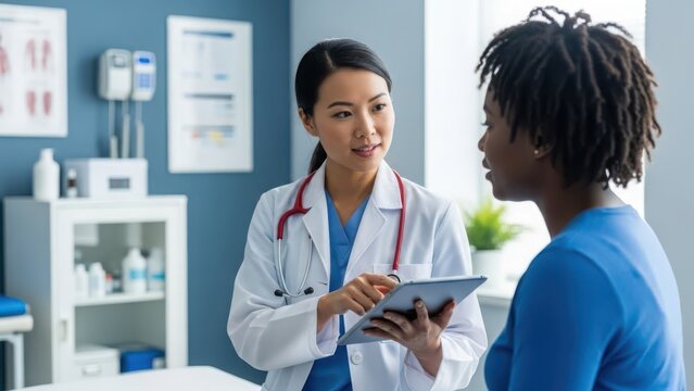 Asian doctor discussing health data with african american patient on tablet
