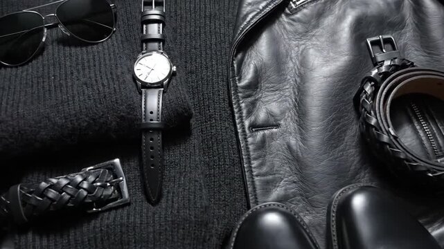 Stylish black apparel and accessories flat lay composition for fashionable ensemble