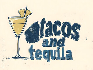 Vintage “Tacos & Tequila” Logo with Margarita Glass, Retro Design for Bed and Breakfast Branding.
