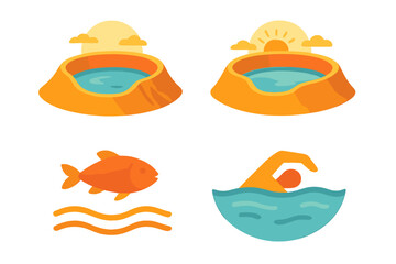 Colorful illustration of hot springs, sunset, fish, and swimmer in serene nature setting