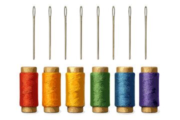 Colorful thread spools with sewing needles arranged neatly on a white background, ideal for crafting and sewing projects