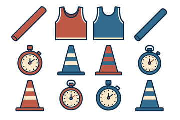 Sports training equipment displayed in a colorful arrangement including vests, cones, and timers for efficient practice