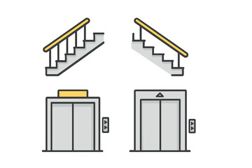 Staircase and elevator designs in a simple flat illustration showcasing various options for vertical movement