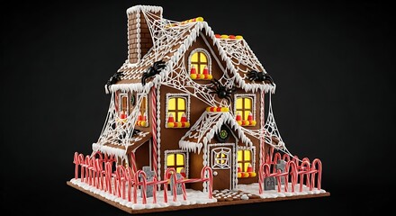 Spooky gingerbread house decorated with candy corn spiderwebs and candy cane fence for halloween