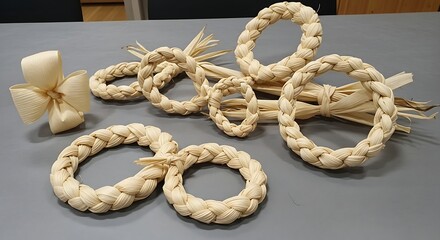 Handmade corn husk crafts featuring braided wreaths and a bow on a gray surface