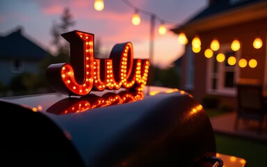 July festivities sign illuminated on grill in backyard during sunset. High quality
