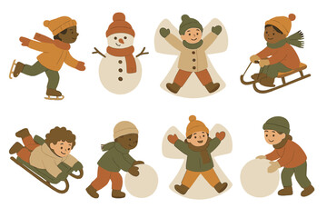 Children enjoying winter activities like ice skating, building a snowman, and making snow angels outdoors in a snowy landscape