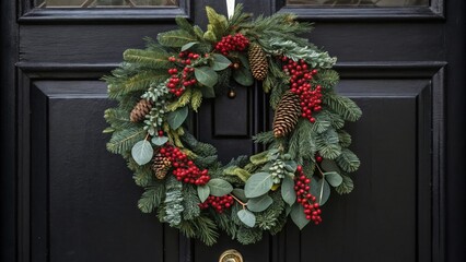 Fototapeta premium Elegant holiday wreath welcomes guests on dark door