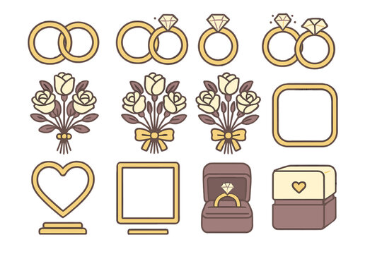 Elegant wedding icons featuring rings, flowers, and decorative frames suitable for invitations or digital designs - Powered by Adobe