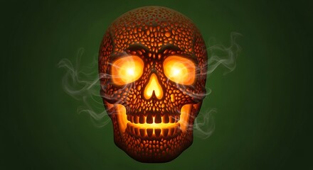 Glowing skull with smoke on a dark green background for halloween or day of the dead celebration