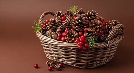 Wicker basket filled with pine cones and red berries on a brown background creates a festive holiday feel