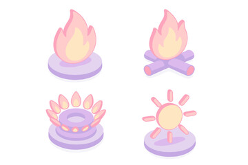 Colorful illustrations of flames, campfire, and sun designs showcasing different forms of fire and heat sources for creative projects