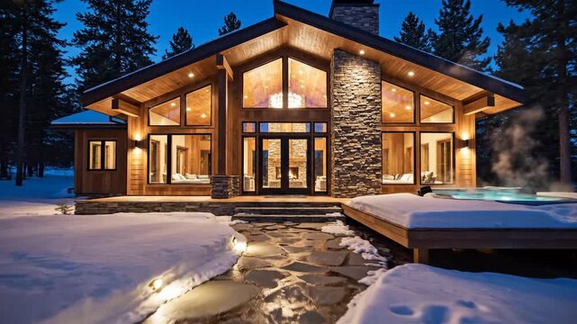 Luxurious wooden mountain lodge with steaming hot tub surrounded by snow and pine trees at twilight