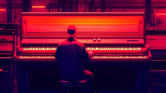 Musician Playing Piano in Neon-Lit Studio with Industrial Background
