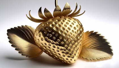 a single perfect strawberry with its leaves rendered in metallic gold isolated on a white background a symbol of luxury and indulgence