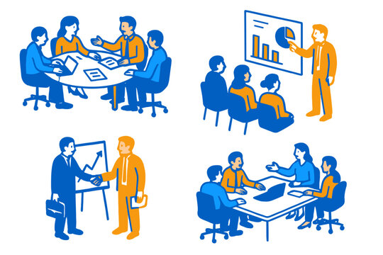 Business professionals engaged in teamwork and discussions in various meeting settings