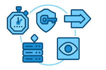 Various technology icons representing security, monitoring, and data management in a stylish design