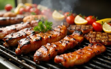 A vibrant image showcasing a plethora of grilled meats and vegetables, illustrating the excitement of cooking and sharing delicious meals with friends and family. High quality
