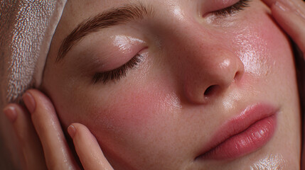 A close-up shot of a serene person, their face glistening, eyes closed, enjoying a spa treatment