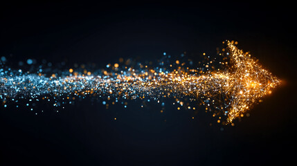 Bright particles create a dynamic arrow pointing forward in a dark space, symbolizing progress
