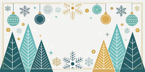 Christmas festive winter scene with christmas trees ornaments and snowflakes in gold and teal