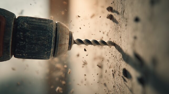 Power drill driving screws into drywall close-up in slow motion during interior construction