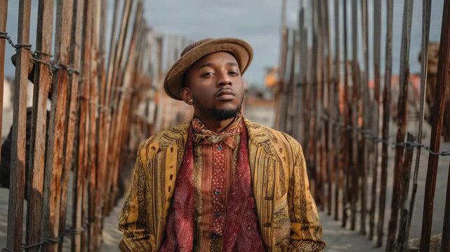 A man in a patterned yellow-brown jacket and red scarf with a brown hat stands on a narrow path between tall wooden fence posts.