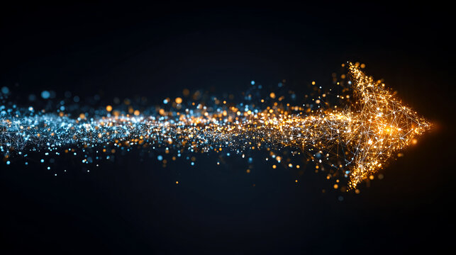 Bright particles create a dynamic arrow pointing forward in a dark space, symbolizing progress