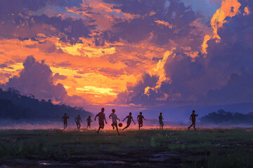 Children playing soccer during a vibrant sunset on a grassy field with silhouetted figures against a dramatic cloudy sky