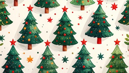 Charming watercolor style Christmas trees pattern with festive ornaments and red stars.